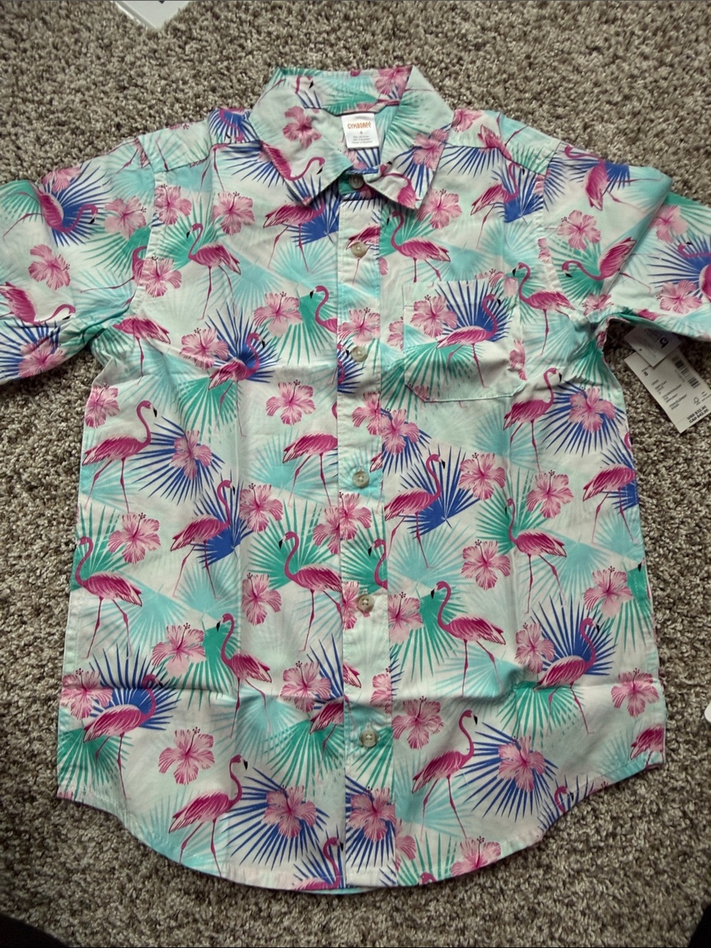 NWT Gymboree Mint Green Button-Up Shirt with Pink Flamingos size 8